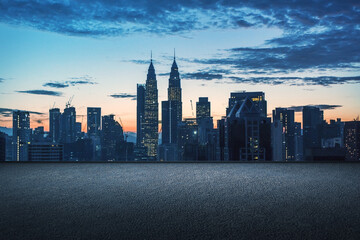 Poster - Concrete rooftop with night city view and mock up place for your advertisement. Beautiful wallpaper. Downtown and urban concept.