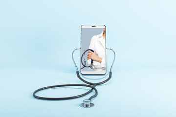 Aufkleber - Close up of abstract smartphone screen with stethoscope on blue background with mock up place. Online medicine, ask a doctor concept. 3D Rendering.