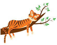 Vector Illustration In Flat Style Tiger Cub Sleeps On A Tree.