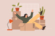 © everything bagel - Relocation concept. Happy young woman moving into a house, apartment. Smiling girl packing or unpacking cardboard boxes. Relocating to a new home. Isolated flat vector illustration