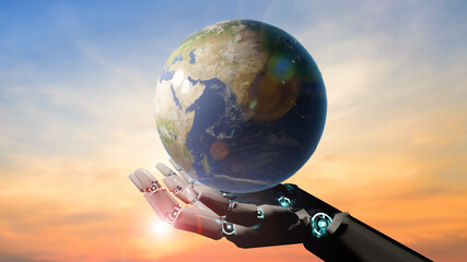 Aufkleber - Artificial intelligence robot hand holding global earth, eco friendly protecting environmental world with AI technology machine learning research preservation nature of life, 3d model futuristic.