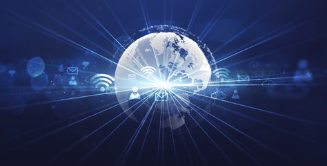 Poster - Wireless communication media networking connectivity technology concept, world hologram simulation on global environment tech software engineer development changes time goals, banner blue background