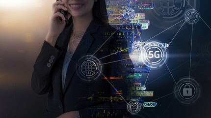 Poster - wireless telecommunication networking connectivity technology concept, businesswoman cellphone calli
