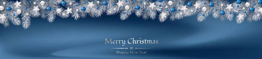 Wall Mural - Vector border with white fir branches and with festive decoration elements on indigo blue background. Christmas tree garland with fir branches, pine cones, and glass decoration