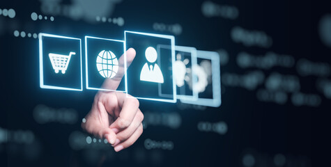 Leinwandbilder - Futuristic business application assets function data resource and information technology concept, creative innovation businessman hand interacting with holographics virtual 3d screen user interface