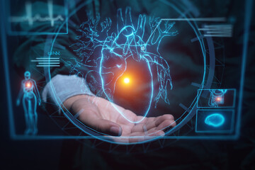 Human heart hologram user interface screen infographic, Artificial intelligence AI assistance with, Medical healthcare technology concept of doctor surgeon holding human heart, futuristic 3d rendering