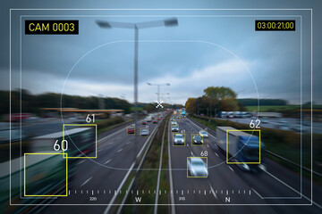 Ai tracking traffic automobile vehicle car recognizing speed limit and information system, security surveillance camera monitoring motorway traffic tracking artificial intelligent technology.