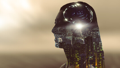 Fototapete - Artificial intelligence wireless communication networking fast learning machine improving development future AI machine computer technology, businesswoman brain smart city sunset background concept.