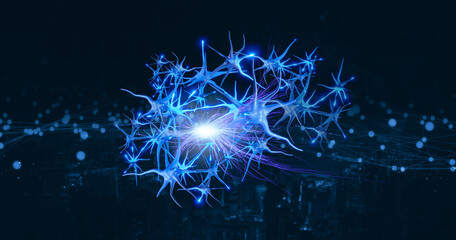 Poster - Artificial intelligence wireless communication networking fast deep learning machine improving development future AI machine and technology, human brain hologram with smart city blue background.