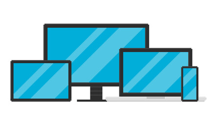 Fototapete - Pixel art vector illustration of laptop, tablet, monitor and smartphone. Object are isolated on white background.