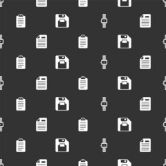 Poster - Set Wrist watch, File document, To list or planning and Floppy disk on seamless pattern. Vector