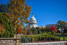 Washington, DC, USA - November 1, 2021: U.S. Capitol Building Viewed From The Southwest On A Bright, Clear Day In Autumn Surrounded By The Brilliant Colors Of The Changing Leaves