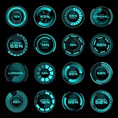 Poster - HUD futuristic loading progress bars. Sci Fi user vector interface or ui. Future technology digital screen or game control panel with circular progress bars, loading scales and percent indicators