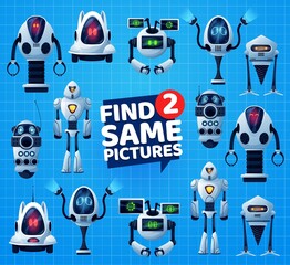 Poster - Find two same robots kids maze game. Vector education puzzle, matching riddle or attention test with cartoon robots, android bots, drones and artificial intelligence cyborgs