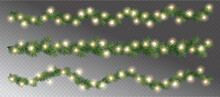  Vector Border With Green Fir Branches And With Festive Decoration Elements On Transparent Background. Christmas Tree Garland With Fir Branches And Lights.