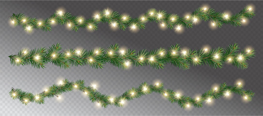 vector border with green fir branches and with festive decoration elements on transparent background