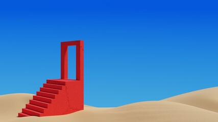 Poster - Red concrete staircases with portal on sand dunes.Surreal desert landscape minimal abstract background.3d Rendering illustration.