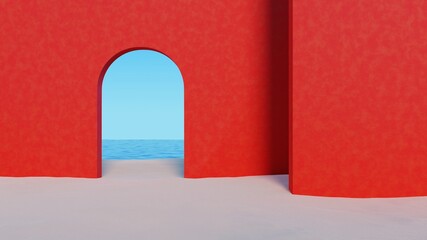 Poster - Red concrete wall architectural structure with arche on the sand beach with the ocean.Abstract minimal surreal landscape background.3d rendering illustration.