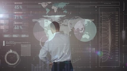 Poster - Animation of businessman using touchscreen interface with world map and processing data