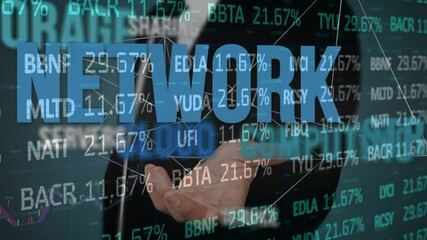 Poster - Animation of businessman and interface with processing financial data