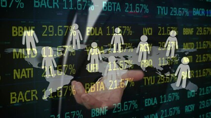 Poster - Animation of businessman with people icons, arrows and financial data processing