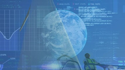 Poster - Animation of financial data processing and globe over engineer and wind turbine