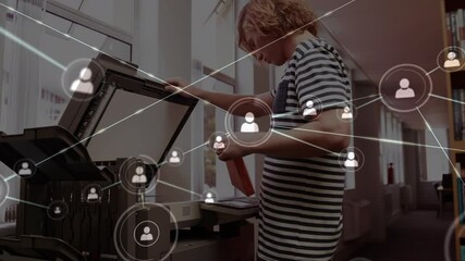 Poster - Animation of network of connections over male student using copying machine
