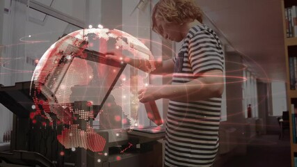 Poster - Animation of network of connections with globe over male student using copying machine