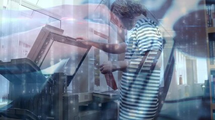 Poster - Animation of person typing on computer keyboard over male student using copying machine