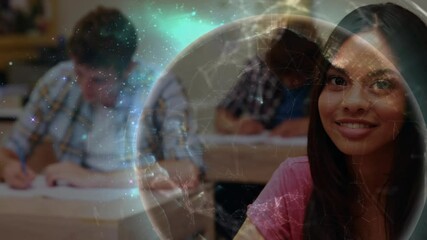 Poster - Animation of network of connections with globe over students