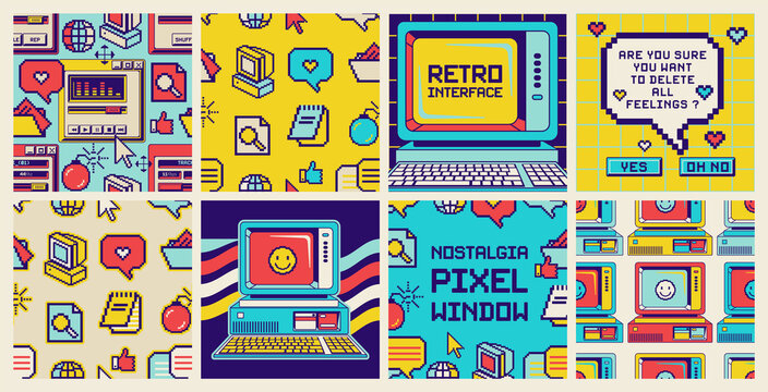 old computer aesthetic pixel window 1980s -1990s style.square frames and seamless backgrounds set. s