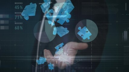 Poster - Animation of jigsaw pieces over businessman using interface and data processing