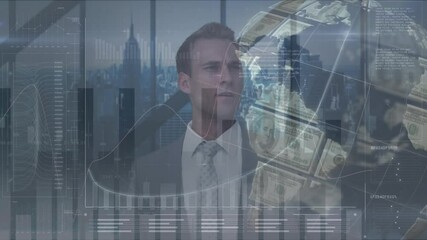 Poster - Animation of businessman in office using touchscreen interface over dollar globe and data processing