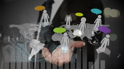 Poster - Animation of people icons on world map over businessman using interface and data processing