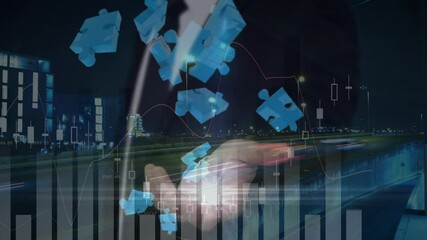 Poster - Animation of jigsaw pieces over businessman using interface and data processing