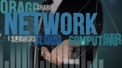 Poster - Animation of business management text over businessman using interface and data processing