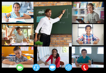 Sticker - Video call interface with caucasian male teacher and schoolchildren on screen