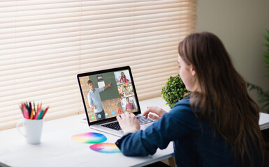 Poster - Caucasian girl using laptop for video call, with smiling diverse high school pupils on screen