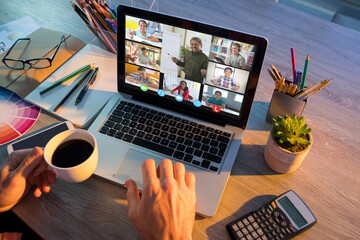 Poster - Hands of man using laptop for video call, with smiling diverse elementary school pupils on screen