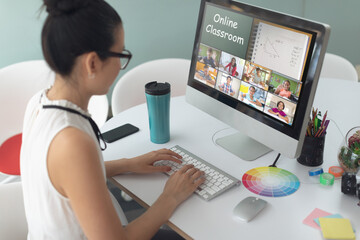 Poster - Caucasian girl using computer for video call, with diverse elementary school pupils on screen