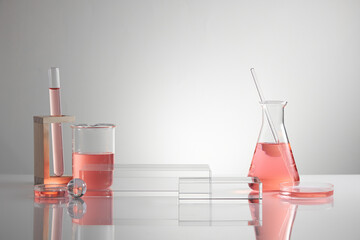 Scientist with chemical reaction in chemistry laboratory. close up of scientist making research in lab in white background , red water in test tube and blank space for advertising , front view