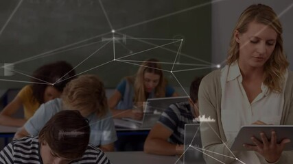 Poster - Animation of network of connections over female teacher with tablet and students