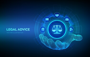 Poster - Labor law, Lawyer, Attorney at law, Legal advice concept on virtual screen. Internetlaw and cyberlaw as digital legal services or online lawyer advice. Law sign in robotic hand. Vector illustration.