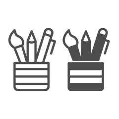 Poster - Open pencil case, brush, pen, pencil, school line and solid icon, education concept, stationery vector sign on white background, outline style icon for mobile concept and web design. Vector graphics.