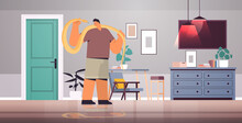 Man Holding Yellow Python Snake Guy Having Dangerous Reptile Pet Living Room Interior Horizontal