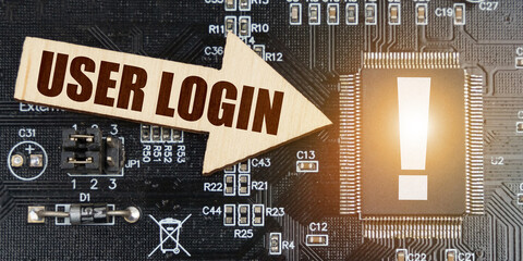 Poster - On the computer board, a microcircuit with an exclamation mark and an arrow with the inscription - User login
