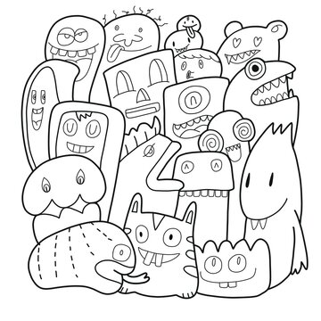 Hand-drawn illustrations, monsters doodle Illustrations coloring book, Hand Drawn cartoon monster illustration,Cartoon crowd doodle hand-drawn Doodle style.