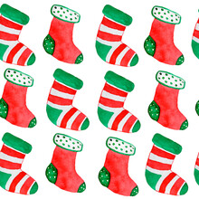 Watercolor Hand Drawn Seamless Pattern Stockings Socks For Gifts Presents. Green Red Christmas Elements On White Background, Festive Holiday Winter Celebration, Funny Abstract Traditional Print.