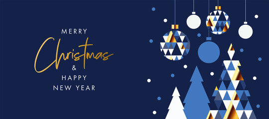 Merry Christmas and Happy New Year banner, greeting card, poster, holiday cover, header. Modern Xmas design in geometric style with triangle pattern, Christmas tree, ball, snow on night sky background