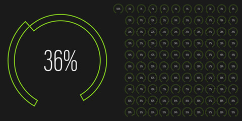 Set of circular sector arc percentage diagrams meters from 0 to 100 ready-to-use for web design, user interface UI or infographic - indicator with green